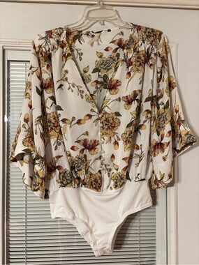 Floral V-Neck White Bodysuit with Pearl details